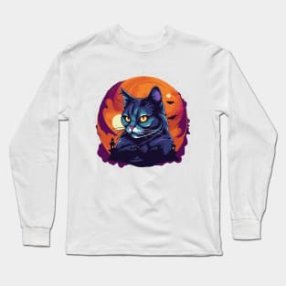 Vintage Scary Halloween Cat Costume Witch Hat & Moon Long Sleeve T-Shirt